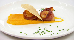 Luca’s scallops with Parma ham, cheese tuile and butternut squash puree on Masterchef 2020