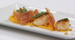 Claire’s pan fried scallops with butternut squash puree, Parma ham, crispy sage and nuts o ...