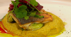 Elis and Azra’s  pan fried sea bass and curried cauliflower puree on Ready Steady Cook