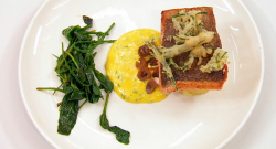 Katy’s pan fried sea trout with gooseberries and vegetables on Masterchef 2020