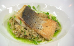 Claire’s pan fried sea bass with clam risotto and parsley oil on Masterchef 2020