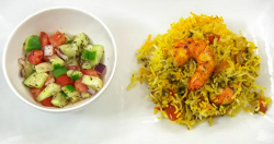 Sahar’s spicy rice and shrimp with a cucumber, tomato, onion and mint salad on Masterchef 2020