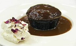 Amy’s sticky toffee pudding with a vanilla cream and butterscotch sauce on Masterchef 2020