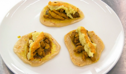 Nathan ‘s Caribbean tacos with curried chicken, mash potatoes and a mango and mustard hot  ...