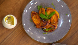 Anna and Ola’s plantain with white chocolate, star anise and lime sauce on Ready Steady Cook