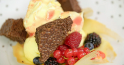 James Martin homemade biscuits with aerated chocolate, berries, cream and Cornish ice cream dess ...