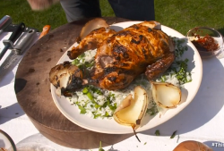 James Martin beer can chicken with BBQ onions and rice salad on This Morning