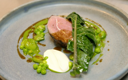 Chris’ BBQ lamb with broad beans, peas and smoked yoghurt on James Martin’s Islands  ...