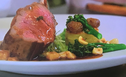 Tessa Bramley’s beef with vegetables and a spinach and nutmeg puree on James Martin’s Isla ...