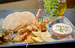 Ainsley Harriott  harissa and lemon chicken skewers with a garlic and mint dip on  Ainsley’ ...