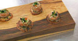 Christian’s salmon tartare with apple, cream, yuzu and crackers canapes on Masterchef 2020