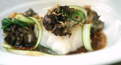 Simon Hulstone’s cod with BBQ mushrooms and crispy fried chicken skin on James Martin’s Is ...