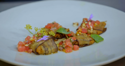 Cedric’s courgette and aubergine zaalouk with tomatoes, preserved lemons and mint on Ainsl ...