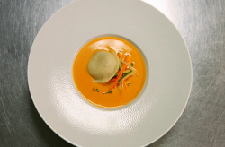 Tom Kitchin’s velvet crab bisque with scallop and crab mousse ravioli cooked by Thomas on  ...