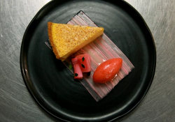 Tom Kitchin’s baked egg custard tart with rhubarb three ways made by Beverley on Masterchef 2020