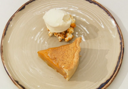 Thomas’ salted caramel custard tart with popcorn ice cream dessert on the final of Masterc ...