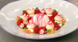 David’s Eton tidy with raspberry coulis and lemon cream on Masterchef 2020