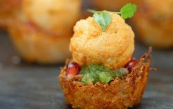 Jasmeet’s chilli spiced potato birds nest with pomegranate and mint chutney canapes on Mas ...