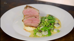 James Martin roast rump of lamb with Guernsey butter and cream mash served with vegetables on Ja ...