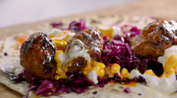 Jamie Oliver lamb kebabs with harrissa, pickled red cabbage and homehamde flat bread on Jamie: K ...