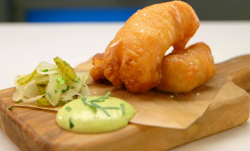 Thomas’ winning monkfish scampi with pickled fennel and tartare sauce starter on Masterche ...