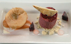 Christian, Jasmeet and Natasha’s blackberry mousse with white chocolate shard,  poached pe ...