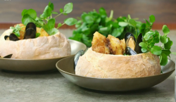 James Martin moules mariniere in a bread bowl with mussels and cod cheeks on James Martin’ ...