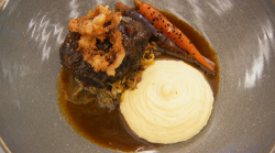 Thomas’ ox cheeks with crispy onions, Brussels sprouts, carrots and horseradish mash main  ...