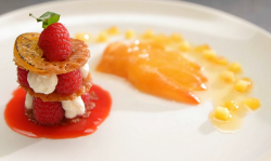 Claire’s peach Melba with ricotta and thyme ice cream on Masterchef 2020