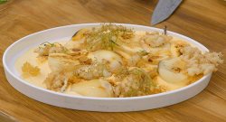 James Martin poached pears with deep fried elderflower fritters and sauvignon on James Martin’s  ...