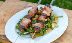 James Martin pork kebabs with picante salami, wild garlic and a vegetable stew on James Martin’s ...