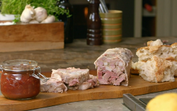 James Martin rustic pork terrine with bacon, chicken livers, brandy and plum chutney served with ...