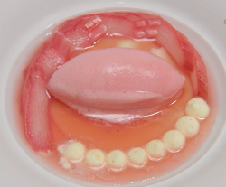 Tom Phillips poached rhubarb with rhubarb sorbet with custard dessert on the Great British Menu 2020