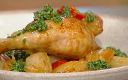 Theo Randall roast chicken leg with with potatoes, fennel, and roast tomatoes and salsa Verde on ...