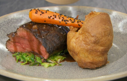 Thomas’ roast fillet of beef with black treacle and mustard glaze, Yorkshire pudding, carr ...