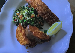 Jamie’s golden breadcrumbs salmon with sweet potatoes and chopped salad on  Jamie: Keep Co ...