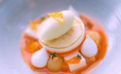 Tom Kitchin’s seabuckthorn jelly with yoghurt panna cotta and marshmallow dessert made by Mandy  ...