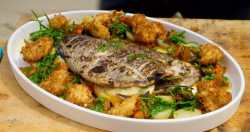 James Martin BBQ sea bream with Jersey Royals and deep fried oysters and a classic sauce vierge  ...