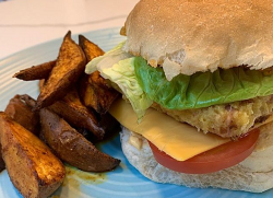 Simon Rimmer’s spam burger, with mango chutney and potato wedge on Sunday Brunch