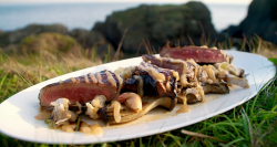 James Martin BBQ steak with soy glaze, mushroom ketchup and pickled and char-grilled mushrooms o ...