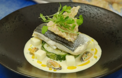 Mark Jordan’s steamed sea bass with a mussels and potato chowder and crispy tapioca on Jam ...