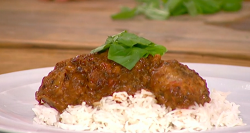 Tana Ramsay pork and lamb meatballs with apple, ginger, red pepper, basmati rice and a sweet and ...