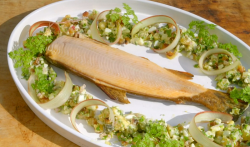 James Martin Yorkshire tea smoked trout with gribiche and rhubarb on James Martin’s Island ...