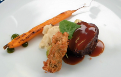 Sandy, Thomas and Charlotte’s roasted venison loin with crisper oyster, carrots, mash pota ...