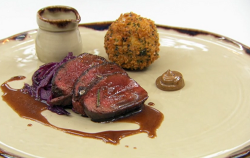 Thomas’s roast venison in black treacle and yeast extract, bubble and squeak croquette, bl ...