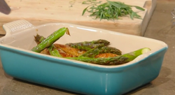 Marcus Wareing’s Chicken thighs with grilled asparagus and a  mushroom and mustard sauce o ...