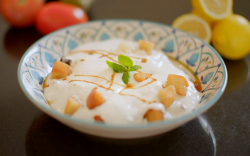 Maria’s vegetarian fattet makdous with eggplant, bread rolls and pomegranate molasses on A ...