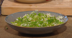 Pam Brunton’s halibut roe with  potato dumplings, potato broth , spring herbs and flowers  ...