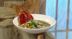 Matt Tebbutt Spring minestrone with black rice, beans and  harissa toasts on Saturday kitchen