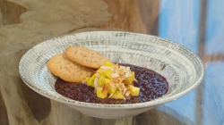 Matt Tebbutt black rice coconut pudding with linseed cookies and toasted coconut on Saturday Kitchen